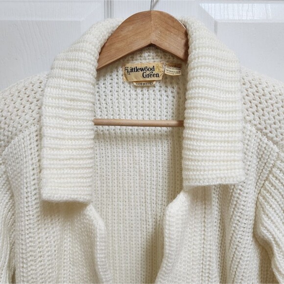 Littlewood & Green Sweater Women L Cream Cardigan Open Chunky Pocket Vtg Grandma - Picture 3 of 10